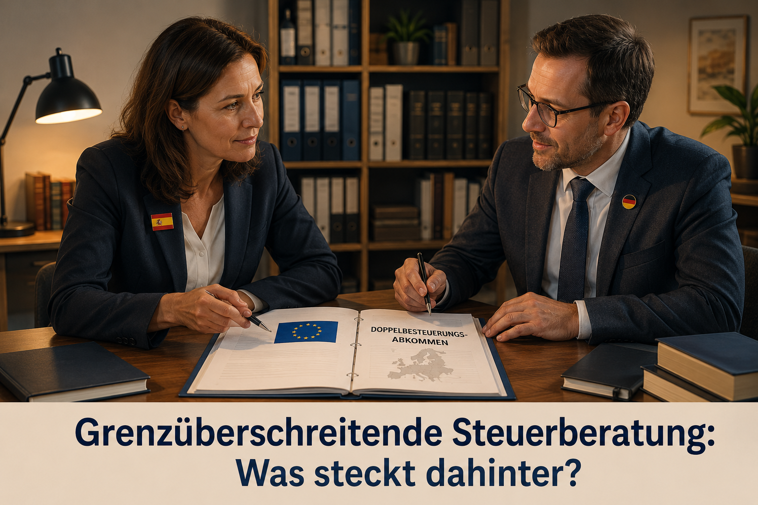 Querformat () Infografik-Illustration: Zwei Steuerberater-Figuren sitzen an einem Tisch, einer mit spanischer Flagge-Pin,