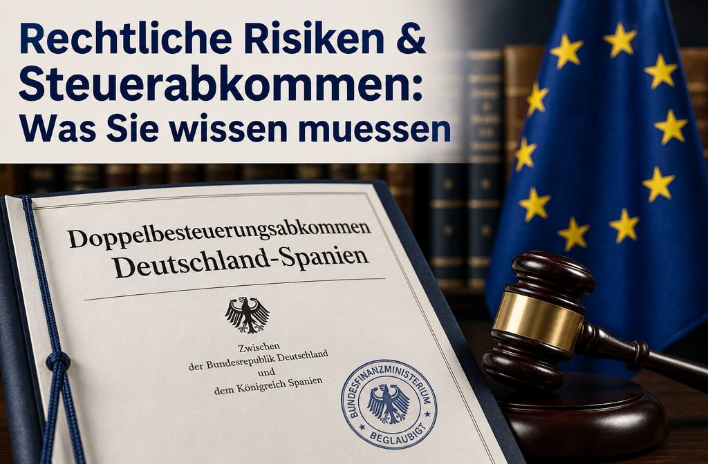 Querformat () Dramatische Nahaufnahme: Juristisches Dokument 'Doppelbesteuerungsabkommen Deutschland–Spanien' mit Stempel