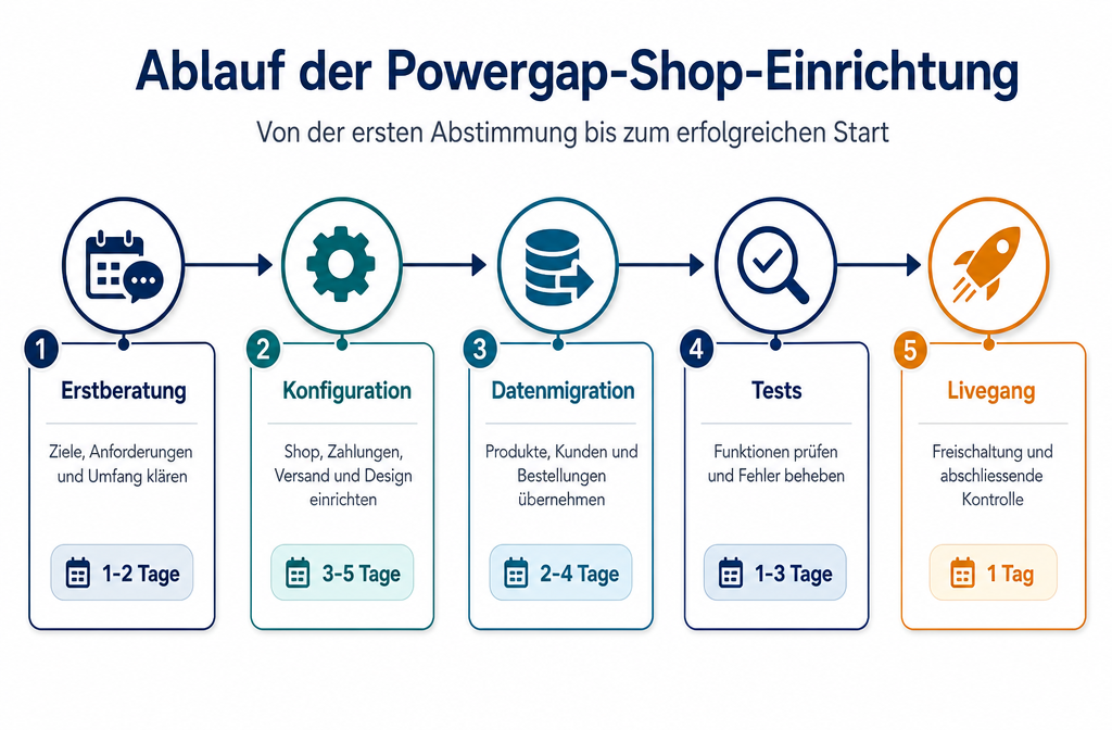 Step-by-step visual timeline showing the Powergap shop setup process from initial consultation through configuration, data