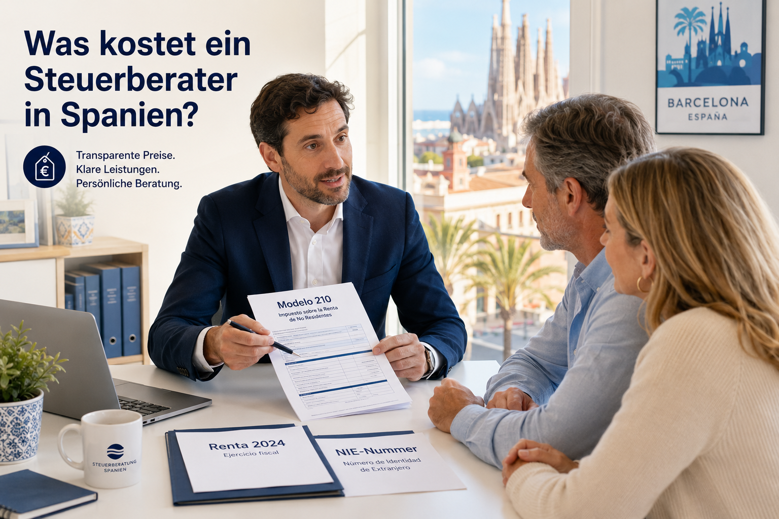 () editorial image showing a bilingual German-Spanish tax consultation scene: a professional Steuerberater in a bright