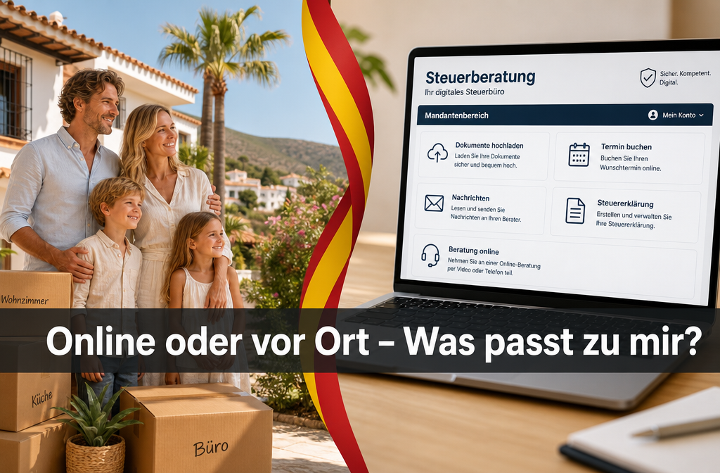 () showing a split-scene composition: left side shows a German expat family with moving boxes and Spanish villa, right side
