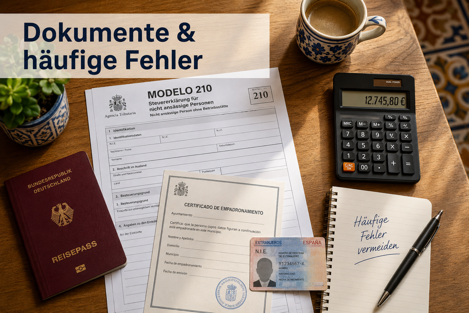 () dramatic overhead flat-lay shot of a German tax advisor's desk in Spain: Modelo 210 forms, NIE card, Empadronamiento