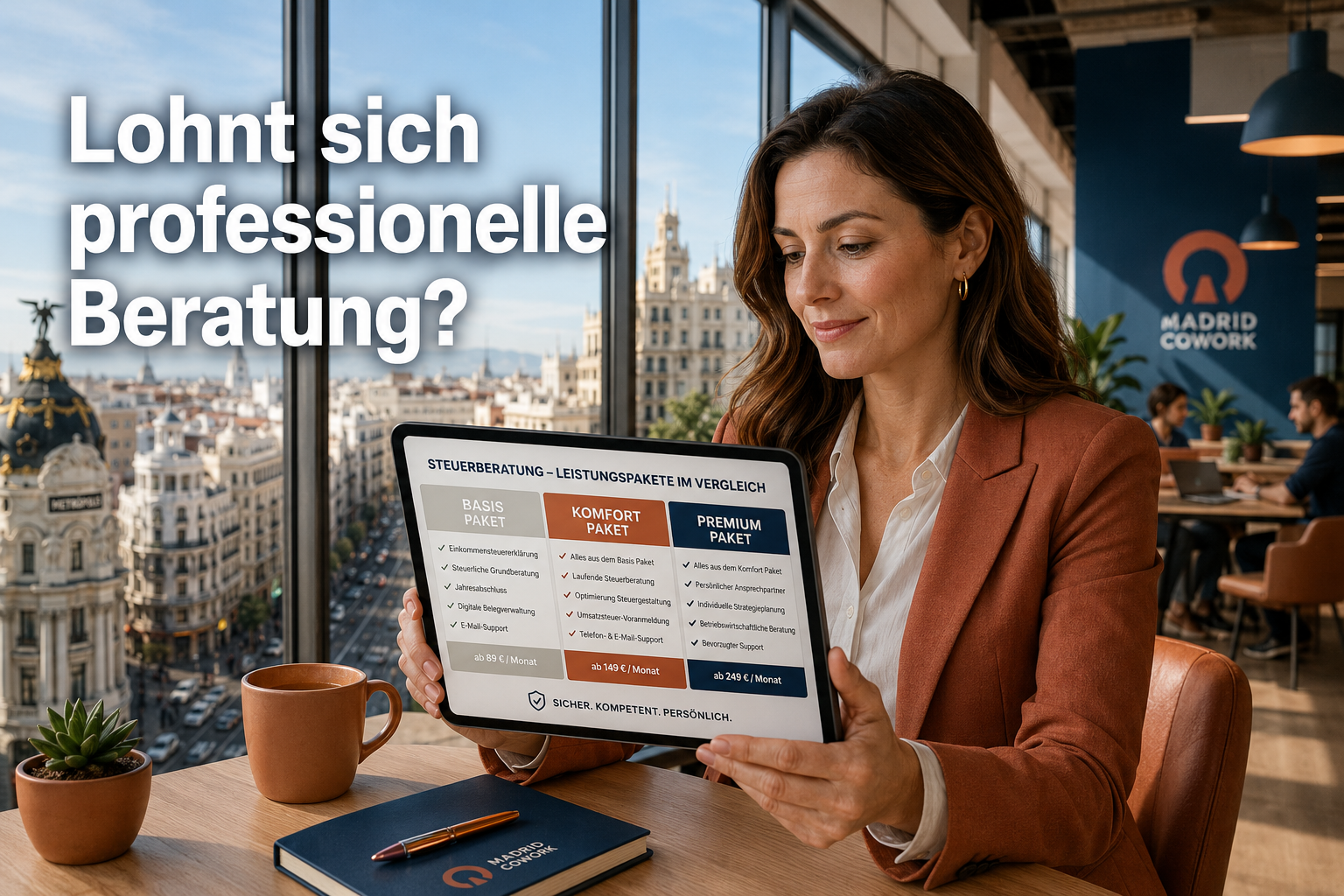 () showing a confident German-speaking professional woman at a modern Madrid co-working space, reviewing a digital