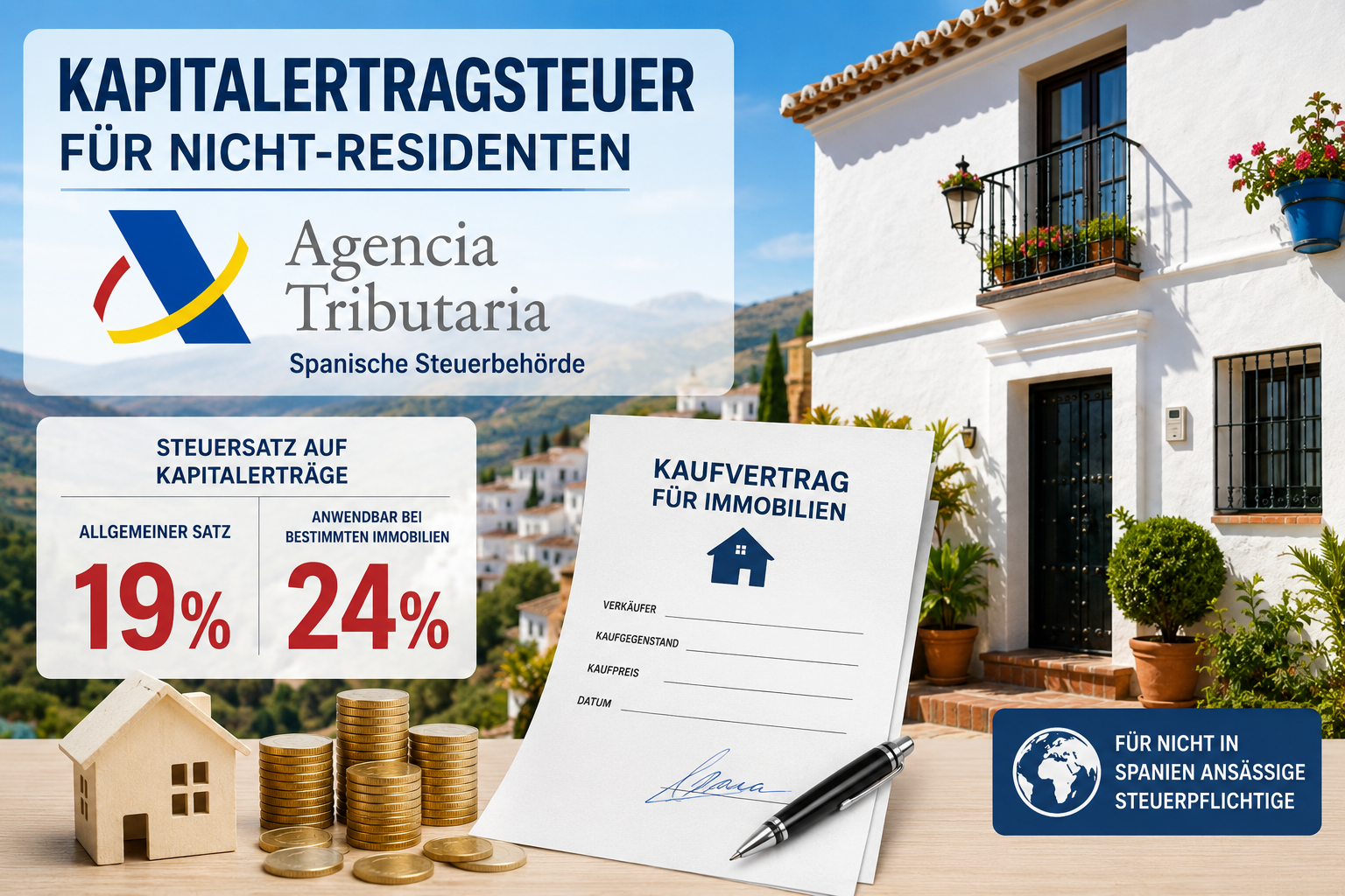 Querformat () Infografik-Illustration: Spanische Steuerbehörde Agencia Tributaria Logo neben einem Immobilien-Kaufvertrag,