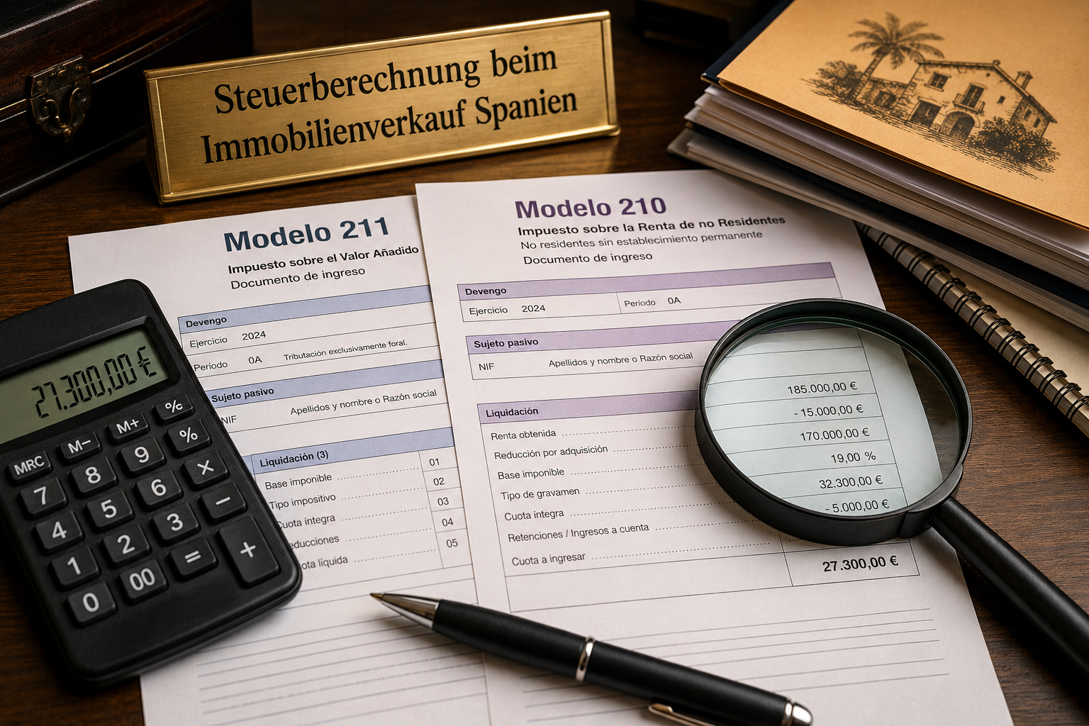 Querformat () Nahaufnahme eines Schreibtisches mit spanischen Steuerdokumenten, Formulare Modelo 211 und Modelo 210