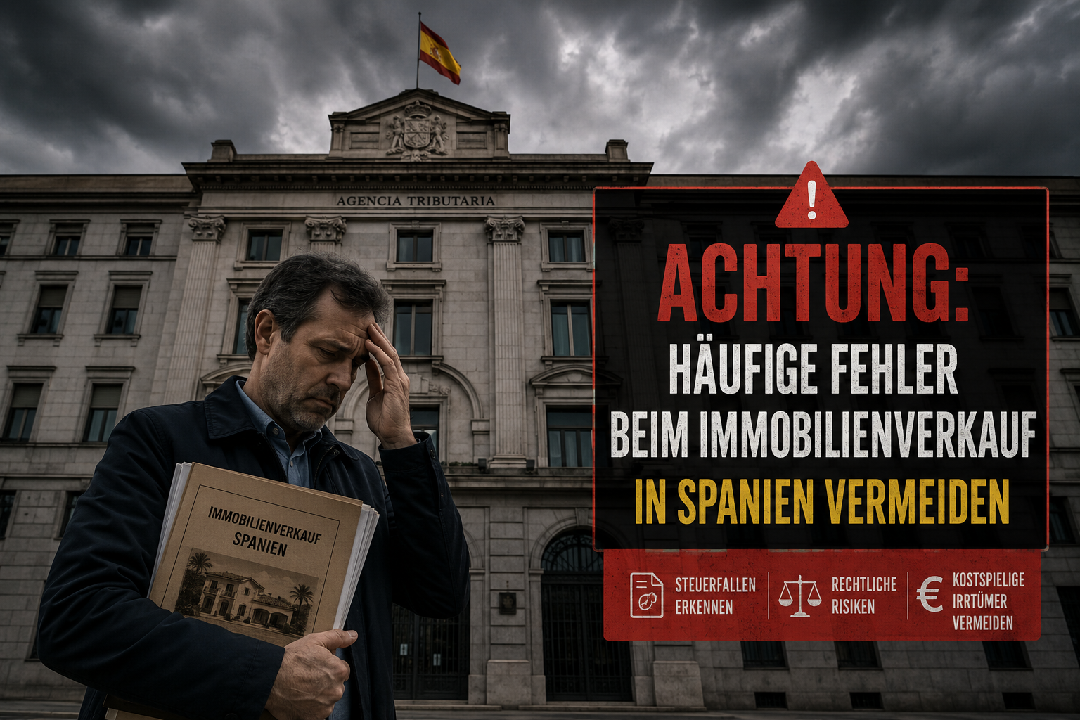 Querformat () Dramatische Weitwinkel-Aufnahme: Spanisches Finanzamt-Gebäude von außen, davor ein besorgter Mensch mit