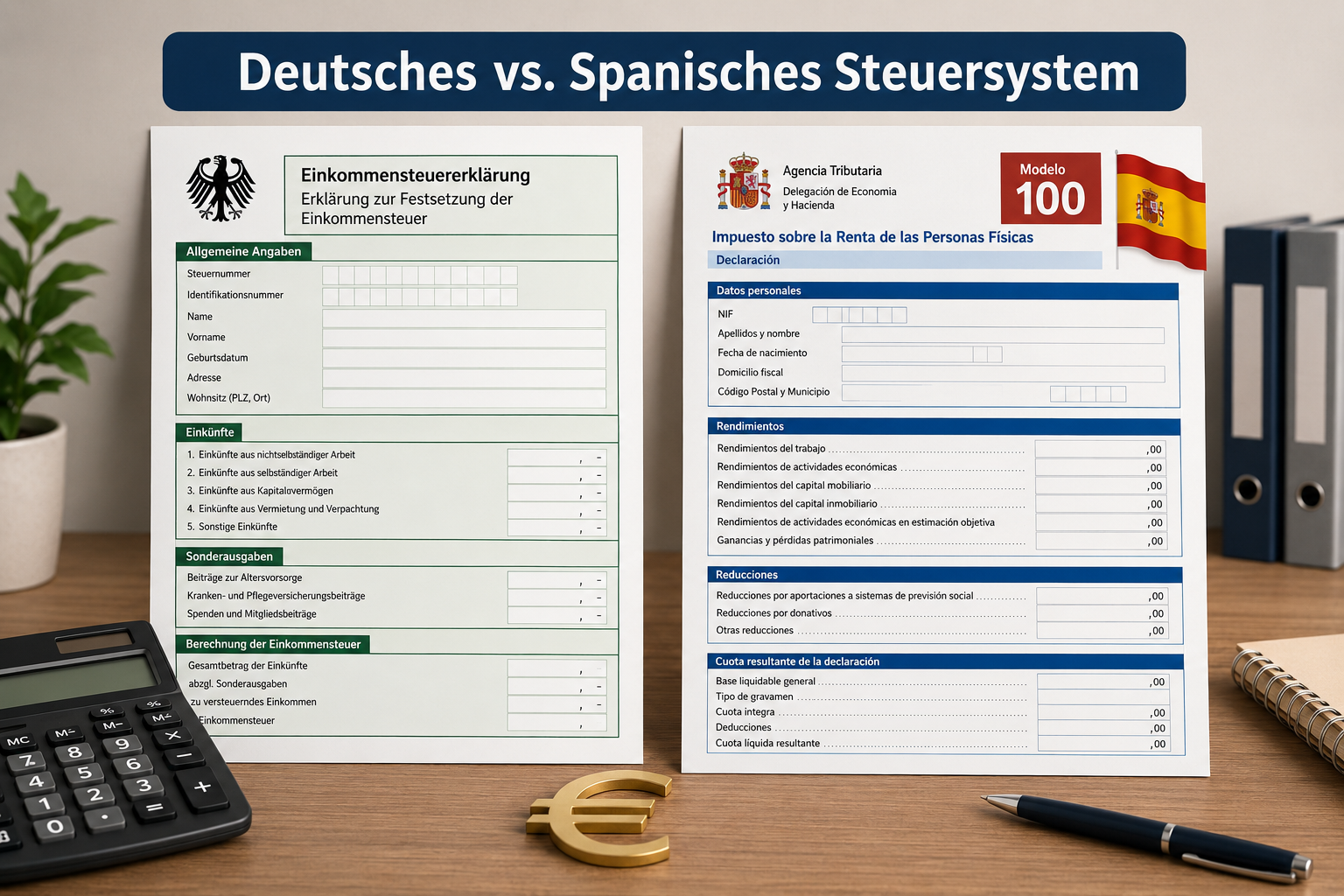 Querformat () Infografik-Illustration: Zwei nebeneinander stehende Steuerdokumente – links ein deutsches Steuerformular mit