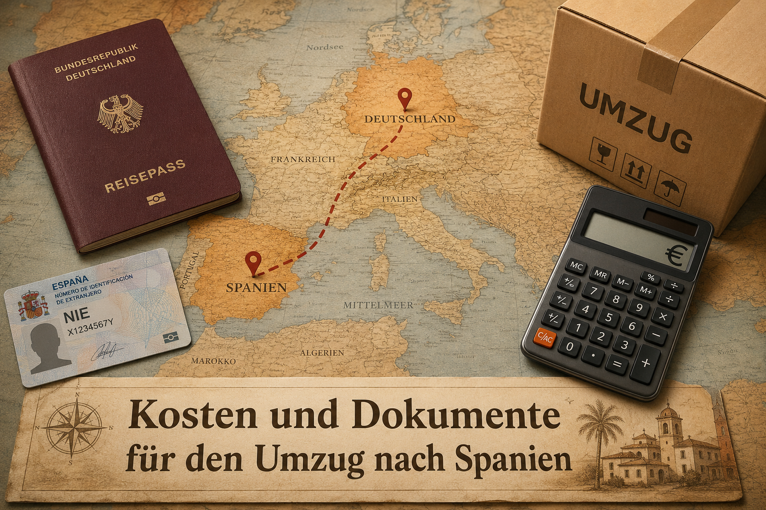 Vogelperspektive auf eine Weltkarte mit hervorgehobener Route von Deutschland nach Spanien. Darauf liegen ein Reisepass,