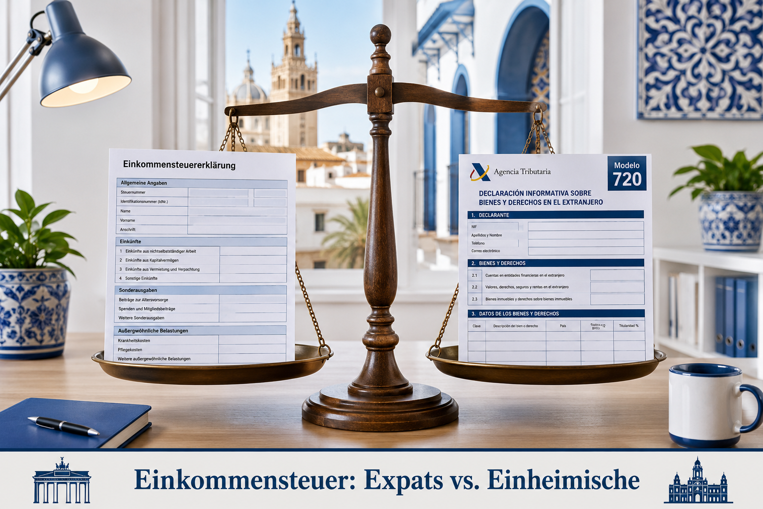 Querformat () Konzeptbild: Zwei Seiten eines Schreibtisches – links ein deutsches Steuerformular, rechts ein spanisches