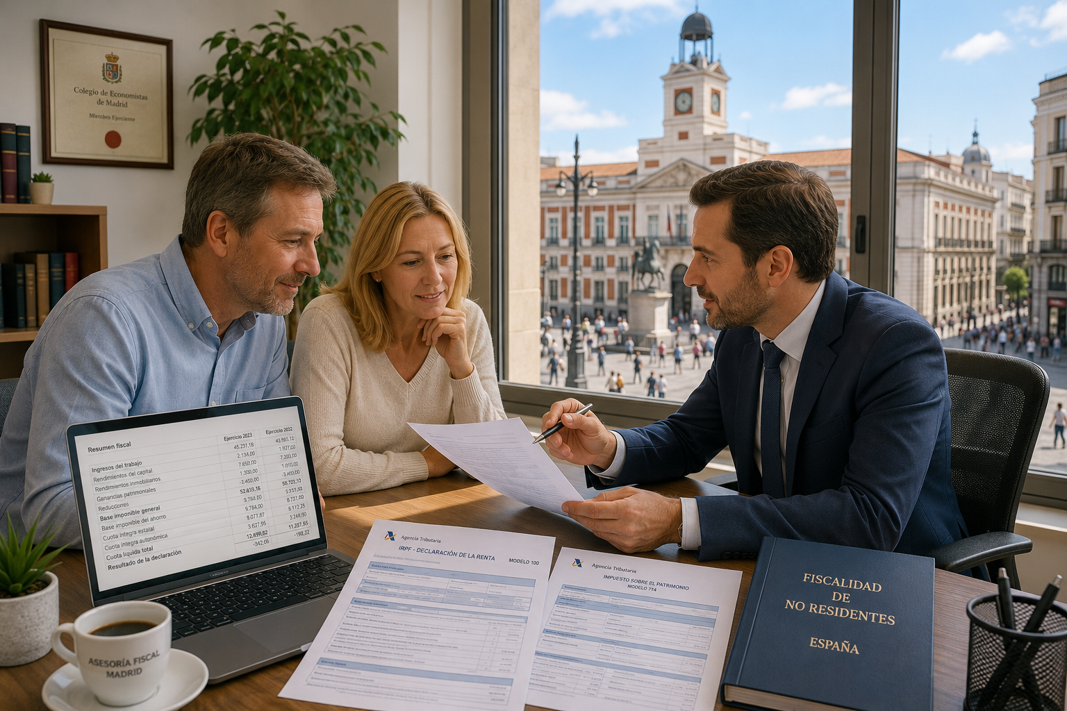 Querformat () Szene: Ein Steuerberater in einem modernen Madrider Büro bespricht Unterlagen mit einem deutschen Expat-Paar.