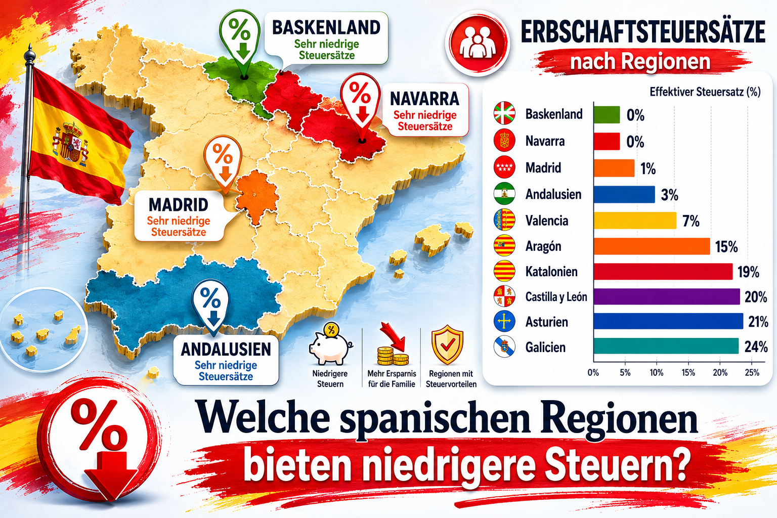 Querformat () Infografik-Stil: Karte Spaniens mit farblich hervorgehobenen autonomen Regionen – Navarra, Baskenland, Madrid,