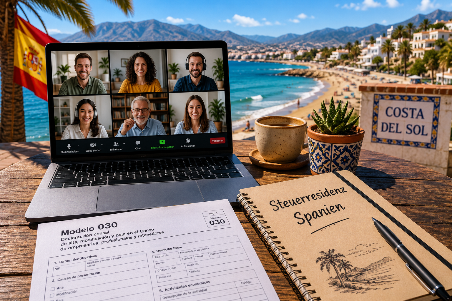 Querformat () dramatisches Bild: Ein Laptop auf einem Strandtisch an der Costa del Sol zeigt eine Videokonferenz – Symbol