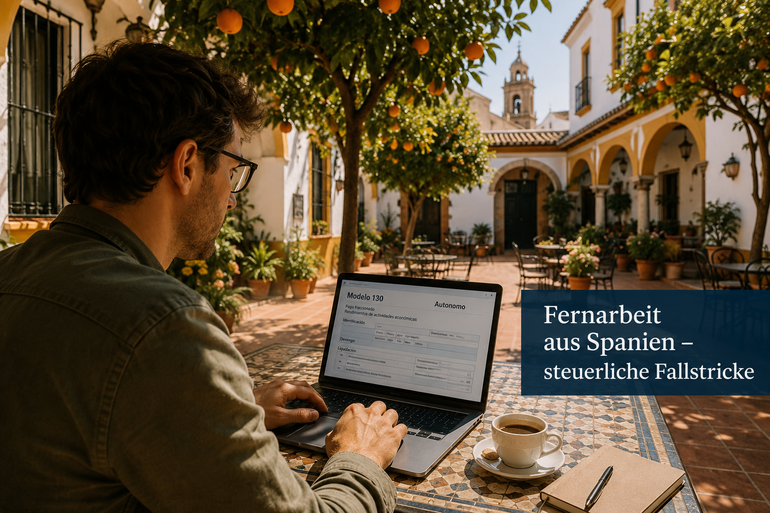 () editorial scene showing a German freelancer working remotely on a laptop in a Spanish courtyard cafe with terracotta