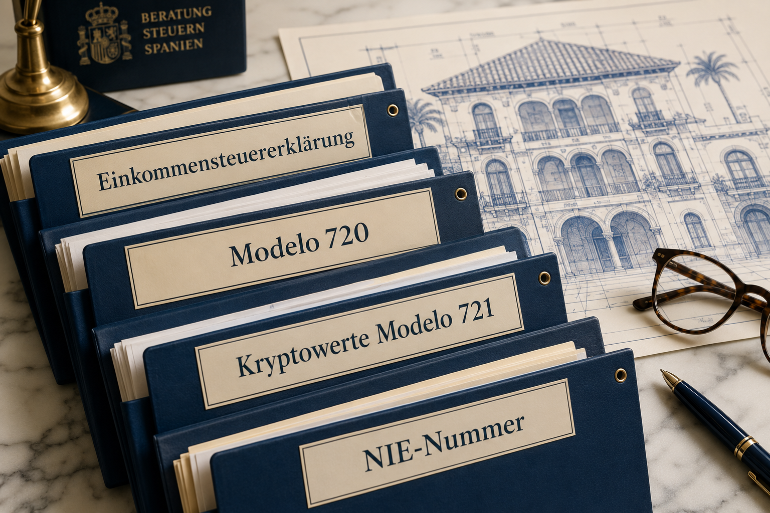 () close-up editorial photograph of organized tax document folders labeled in German: 'Einkommensteuererklärung', 'Modelo