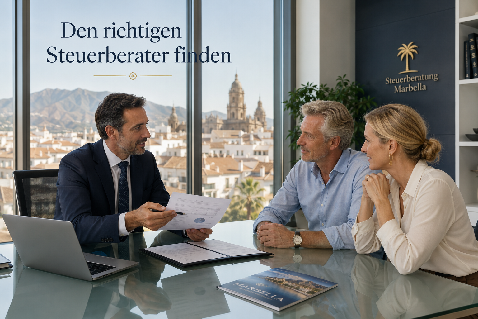 () wide-angle editorial image of a professional German-speaking tax consultation meeting in a modern Madrid or Marbella