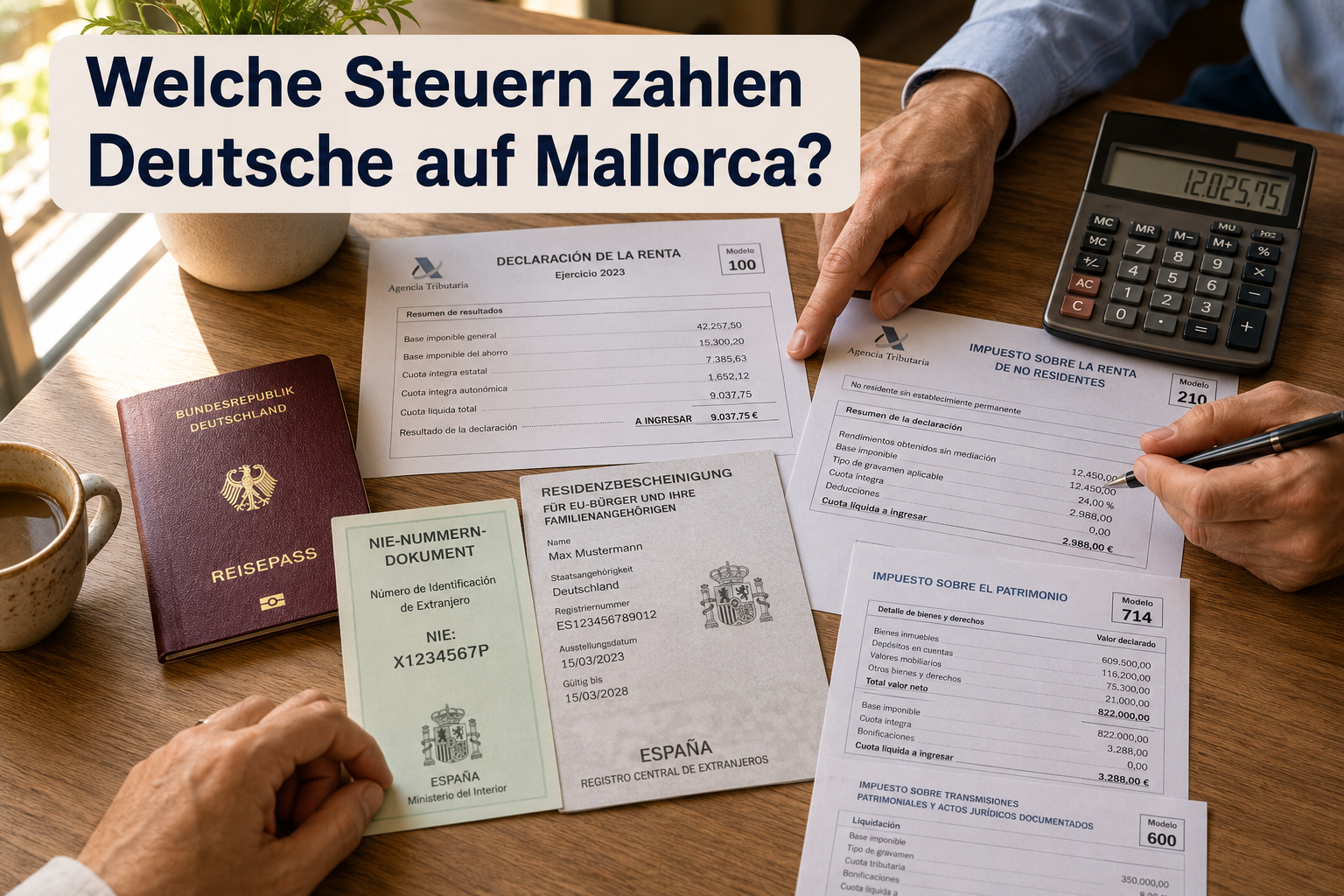 () concept image showing a close-up bird's-eye view of a wooden desk in Palma with scattered Spanish tax forms, a German
