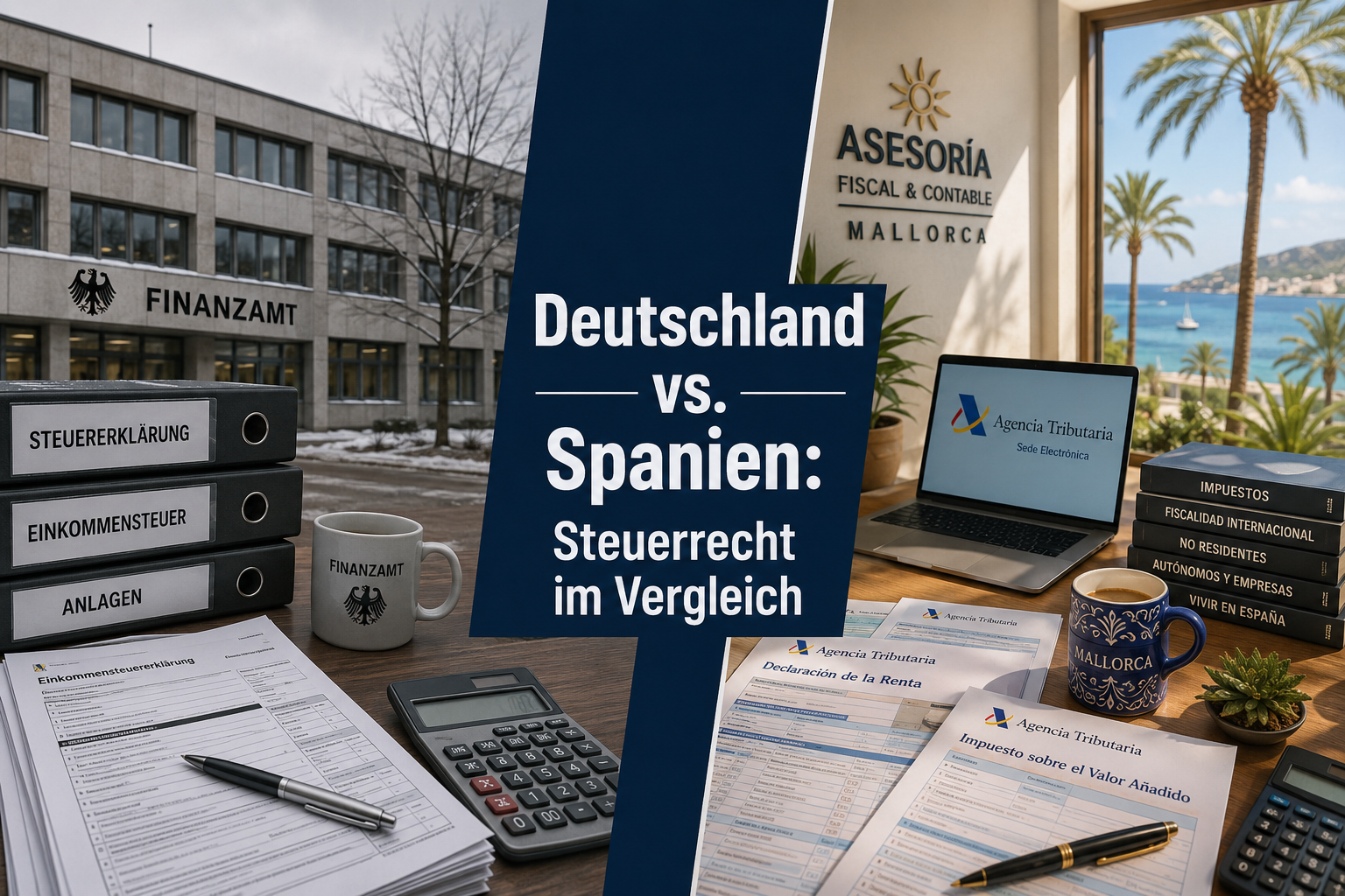 () split-composition image contrasting two scenes side by side: left half shows a German Finanzamt building in grey winter