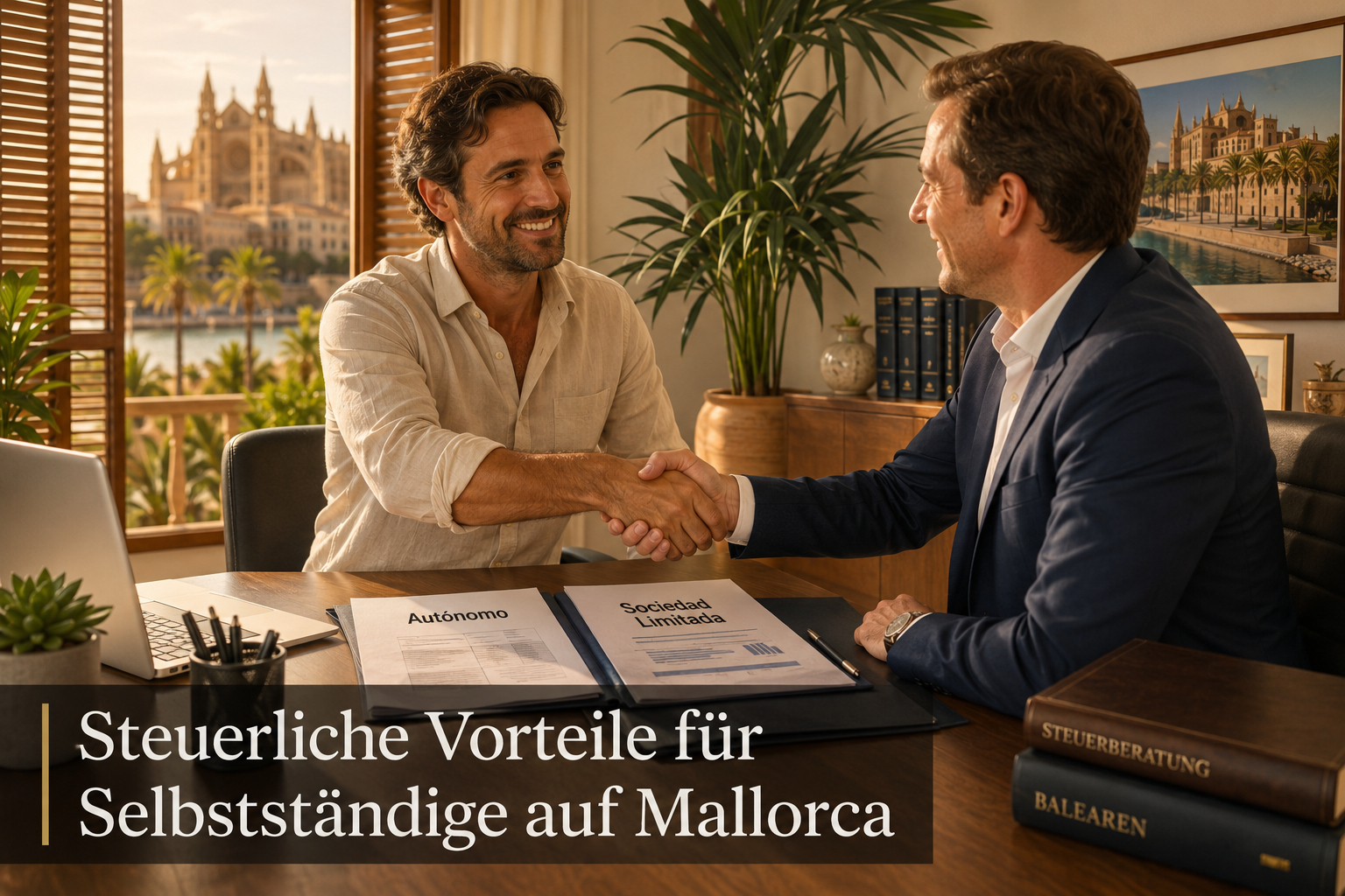() wide-angle image of a confident German-speaking business owner shaking hands with a Mallorcan Steuerberater in a modern