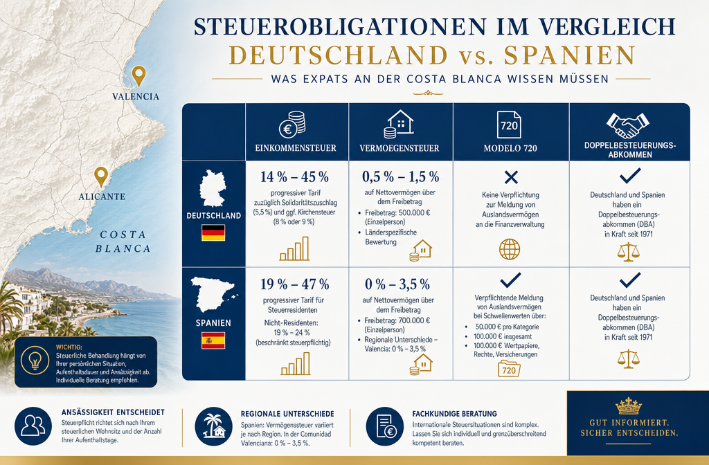 () infographic-style illustration showing a side-by-side comparison table of German vs Spanish tax obligations for expats on