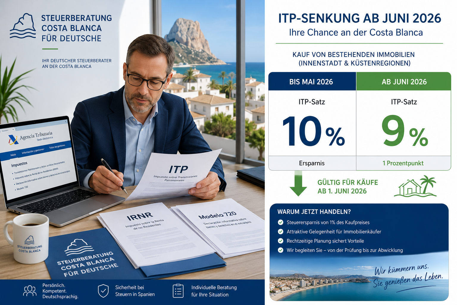 Detailed () infographic-style image showing a split-scene composition: left side features a professional German-speaking tax