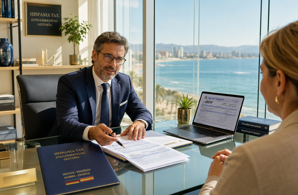Detailed () editorial image showing a professional German-speaking tax advisor (Steuerberater) sitting across a sleek glass