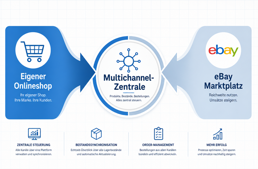 () infographic-style illustration showing two arrows merging: one labeled 'Eigener Onlineshop' with a shopping cart icon and