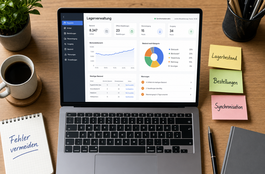 () top-down flat lay of a desk with a laptop showing a German inventory management dashboard, sticky notes labeled