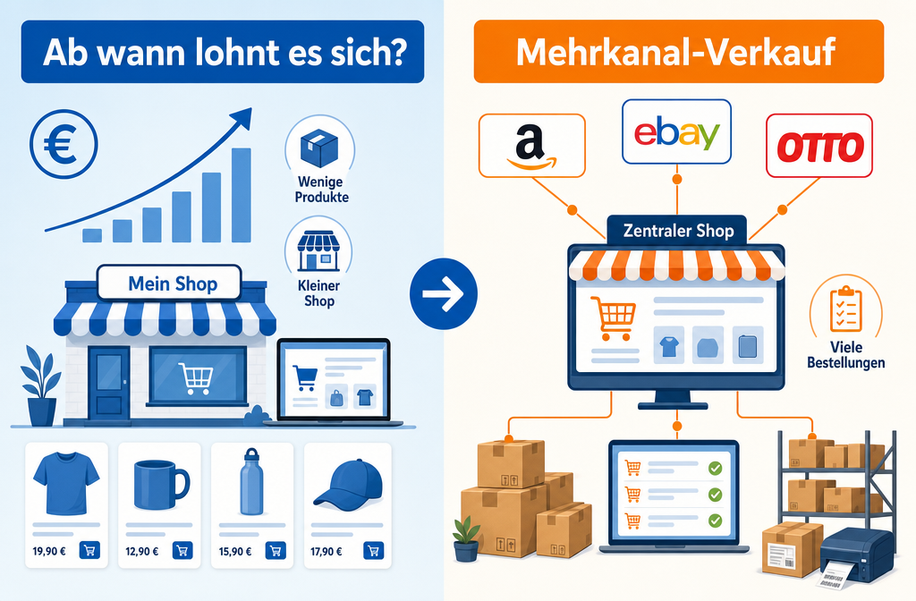 () split-screen visual: left side shows a small online shop with few products and label 'Ab wann lohnt es sich?' with a euro