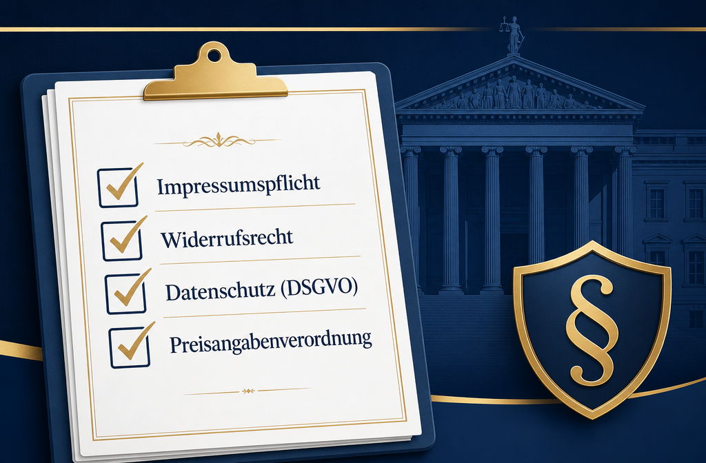 () legal and compliance themed illustration showing a checklist with German items: 'Impressumspflicht', 'Widerrufsrecht',