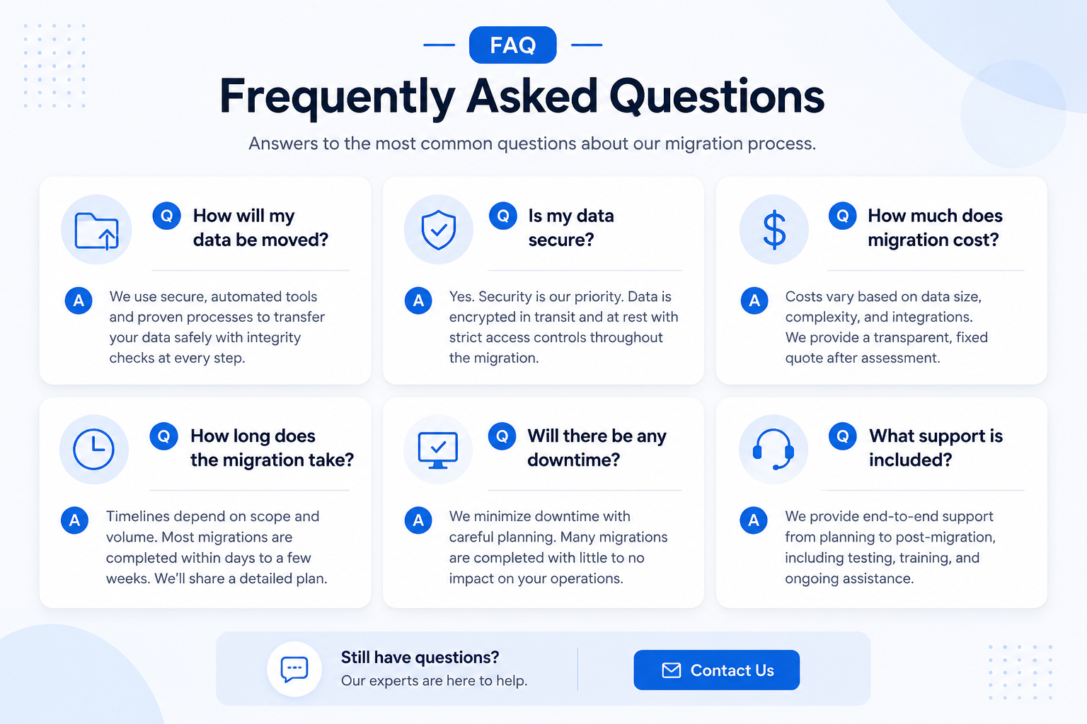 FAQ section visual: clean Q&A card layout with question icons and concise answer blocks, showing common migration concerns