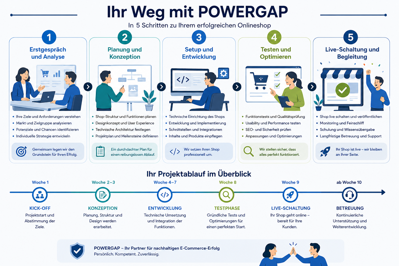Step-by-step visual guide showing POWERGAP onboarding process: 5 numbered steps from initial consultation to live shop