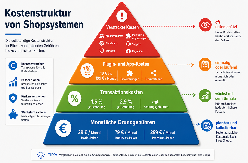 Visual diagram showing the cost structure of shopsystems: monthly fees, transaction costs, plugin costs, and hidden expenses