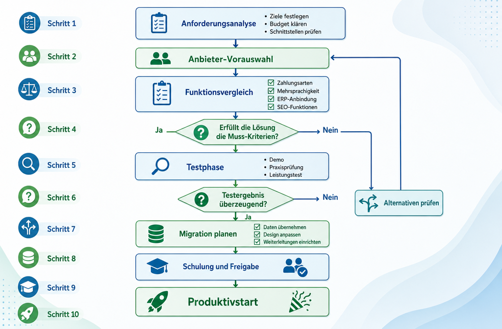 Step-by-step flowchart illustrating the shopsystem selection process: from requirements analysis through feature comparison,