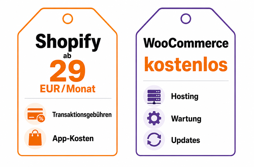 () infographic-style image showing two large price tags side by side. Left tag labeled 'Shopify ab 29 EUR/Monat' with icons