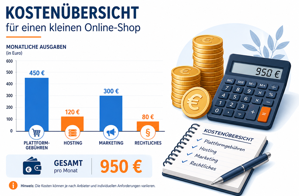 Querformat () Infografik-Illustration: Kostenübersicht für einen kleinen Online-Shop, Balkendiagramm mit deutschen