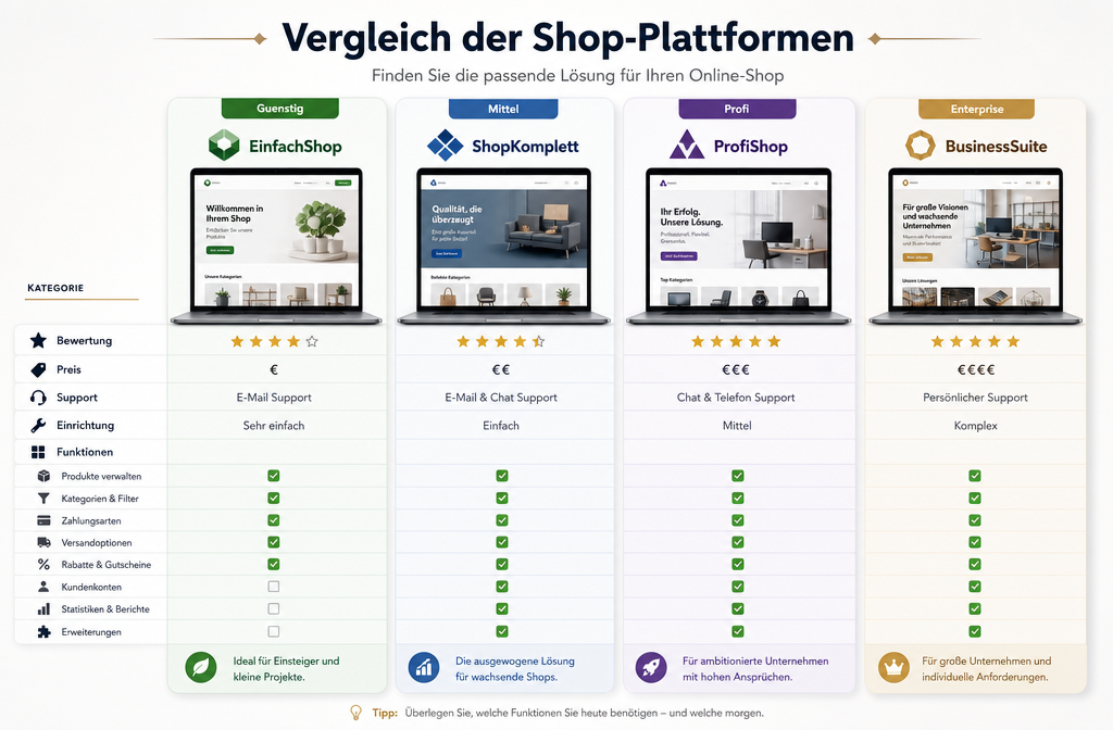 Querformat () Vergleichstabelle als visuelle Darstellung: Verschiedene Shop-Plattformen nebeneinander, Logos als Platzhalter