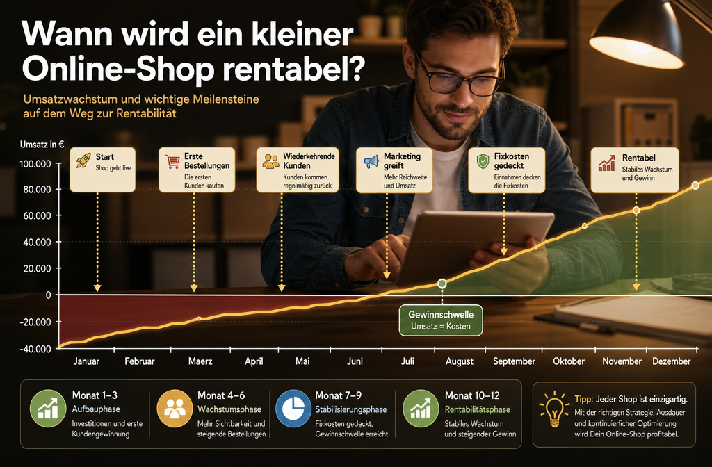 Querformat () Zeitstrahl-Illustration: 'Wann wird ein kleiner Online-Shop rentabel?' mit deutschen Monatsbeschriftungen,