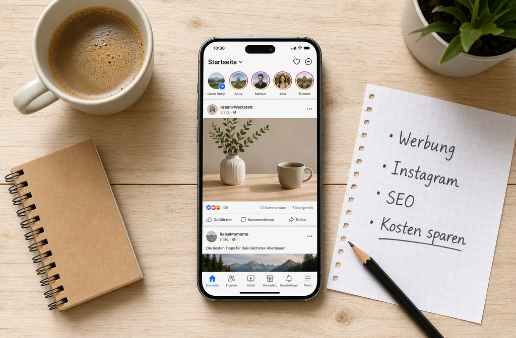 Querformat () Flachbild-Fotografie von oben: Smartphone mit Social-Media-App, handgeschriebene Notizen auf Papier mit
