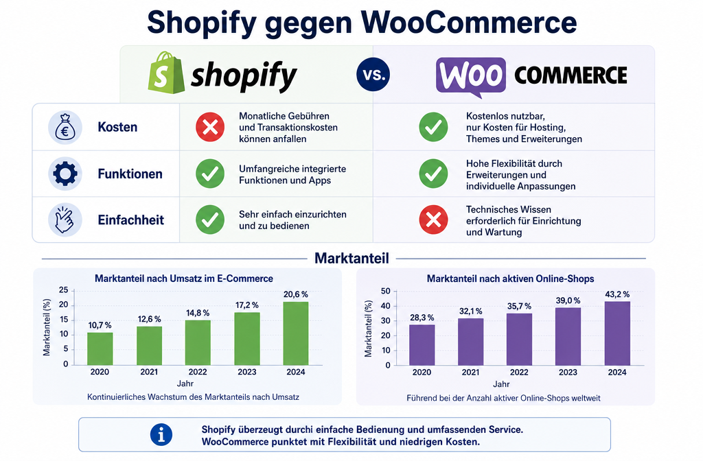 () illustration showing a split comparison chart between Shopify and WooCommerce logos side by side on a clean white