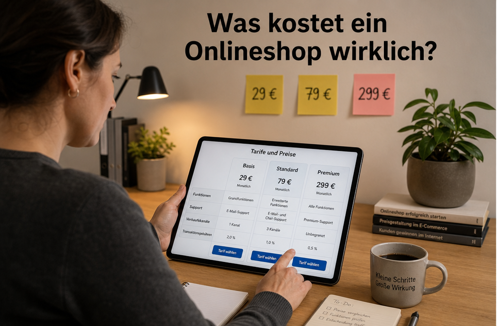 () showing a German small business owner at a wooden desk reviewing shopsoftware pricing plans on a tablet screen, with