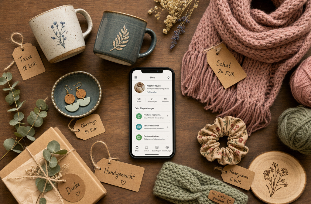 () depicting a top-down flat lay of a handmade craft products setup: ceramic mugs, knitted items, handwritten price tags,