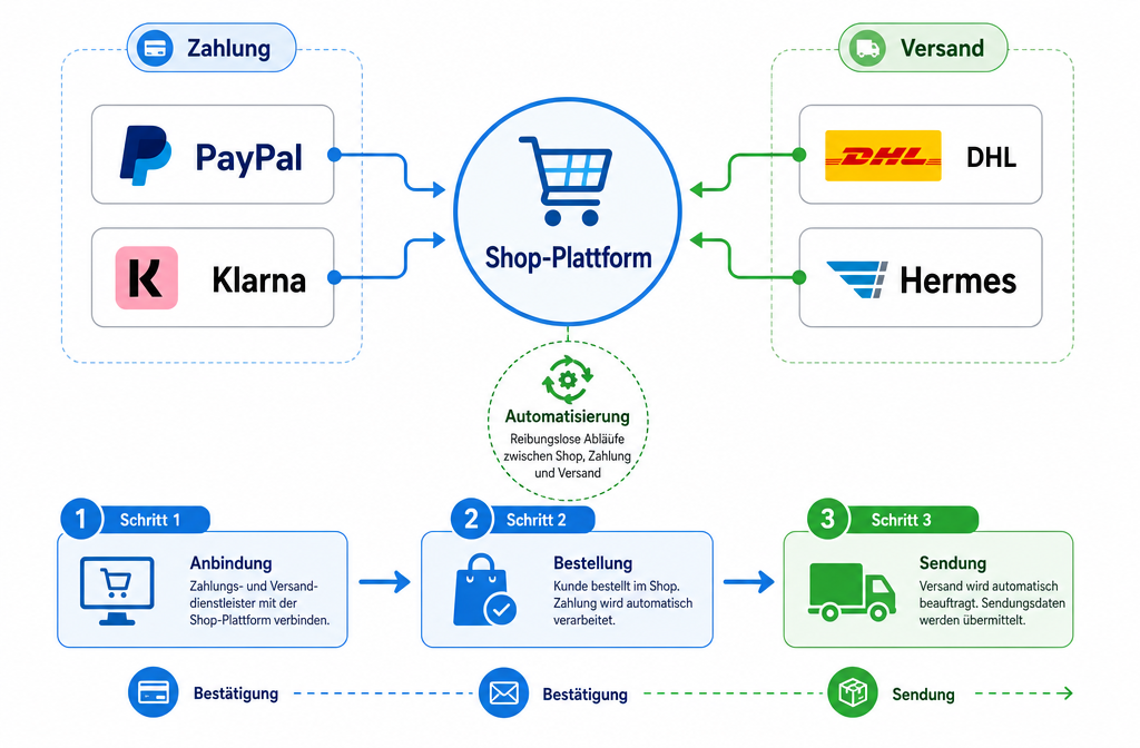 () showing a step-by-step integration flowchart for a German online shop: boxes labeled 'PayPal', 'Klarna', 'DHL', 'Hermes'