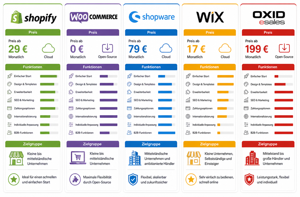 () comparison infographic showing logos and price tags of top e-commerce platforms Shopify, WooCommerce, Shopware, Wix, and