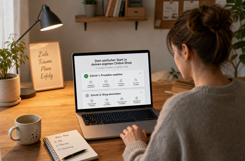 () scene showing a beginner entrepreneur at a home desk with a simple laptop, a friendly step-by-step checklist visible on