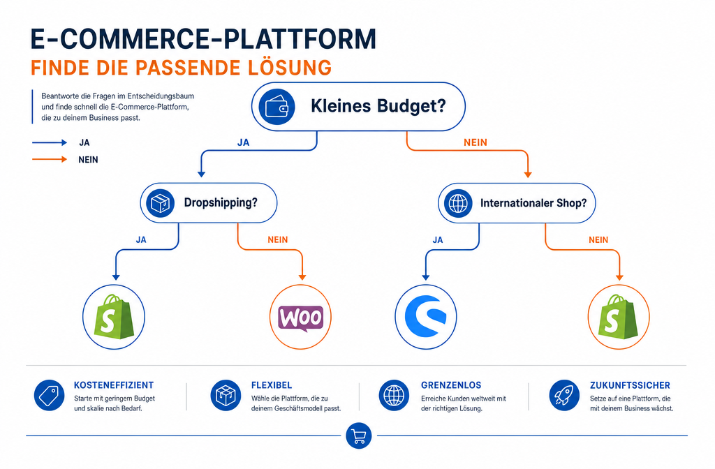 () visual showing a branching decision tree diagram with German labels 'Kleines Budget?', 'Dropshipping?', 'Internationaler