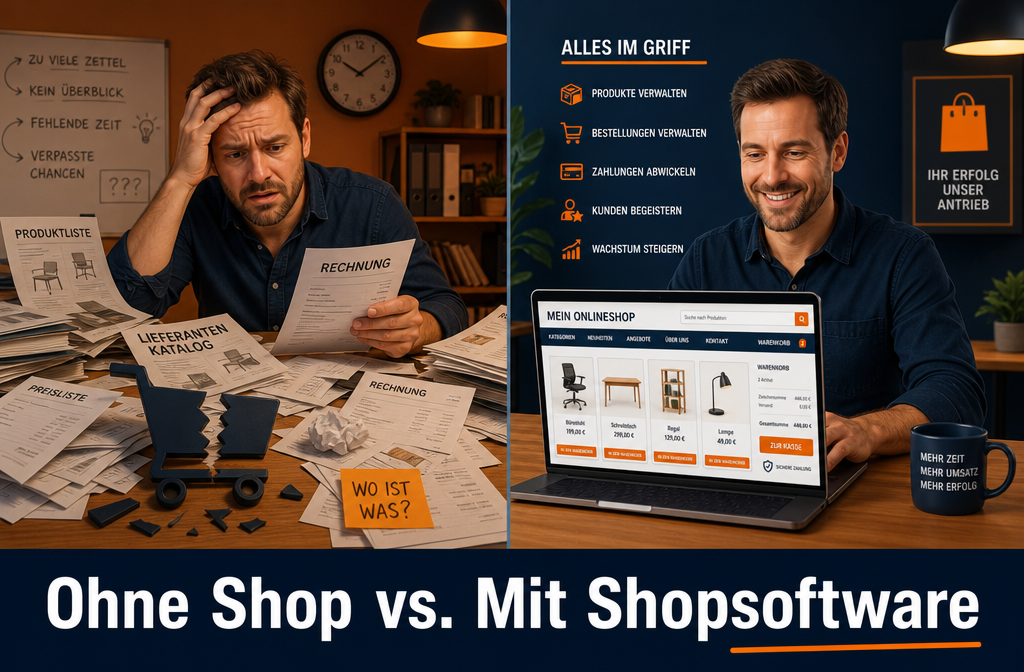 () concept illustration showing a split-screen comparison: left side a confused entrepreneur surrounded by paper catalogs