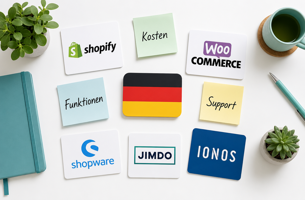 () overhead flat-lay product shot showing five distinct shop software logos (Shopify, WooCommerce, Shopware, Jimdo, IONOS)