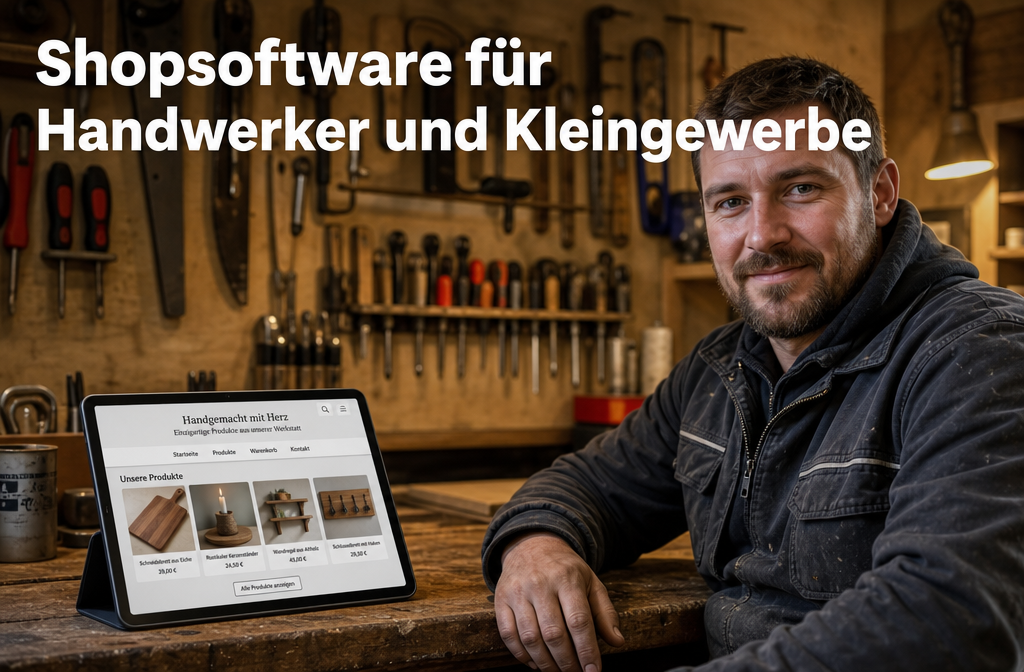 () showing a German handwerker (craftsman in work clothes) sitting at a workbench with a tablet displaying a simple online