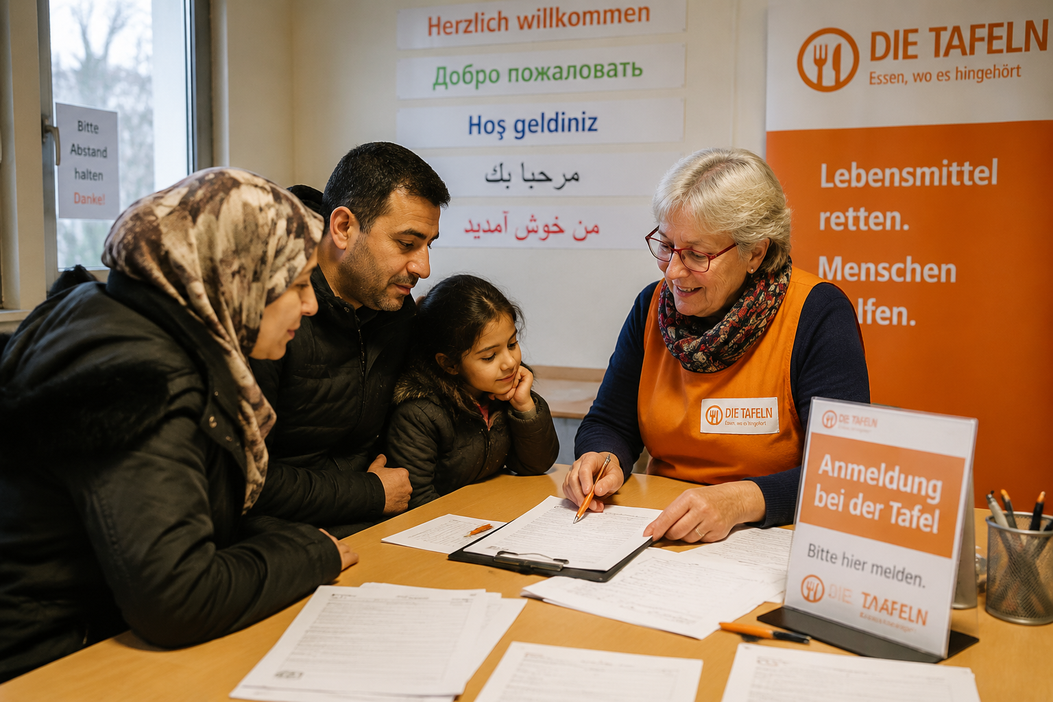 () editorial photo showing a German Tafel volunteer explaining a registration form to a refugee family at a welcoming desk,