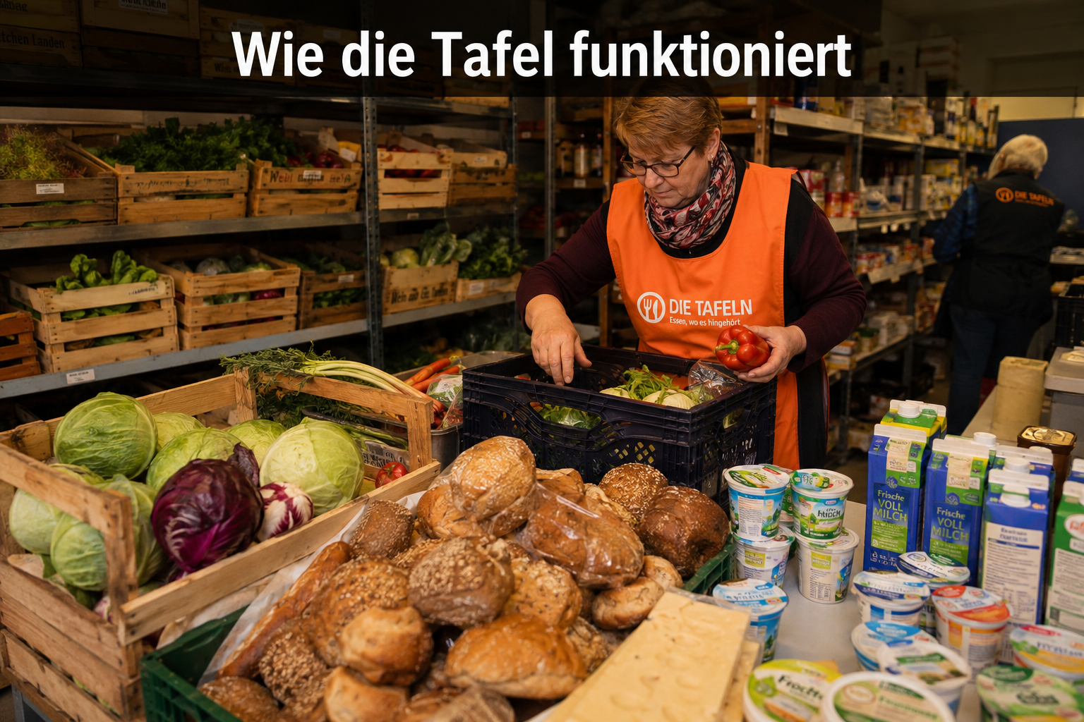 () editorial photo showing a German Tafel distribution center interior: wooden crates of rescued vegetables, bread loaves,
